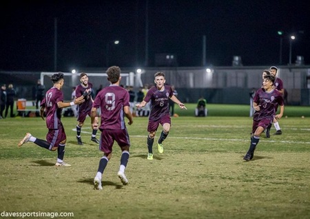 Mt. SAC Men's Soccer players coming together after a goal