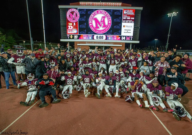 Mounties celebrate their second consecutive National Central League Division Title after defeating Golden West 34-27.