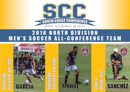 2018 North Division Men's Soccer All-Conference Team with pictures of Garcia, Munoz and Sanchez.