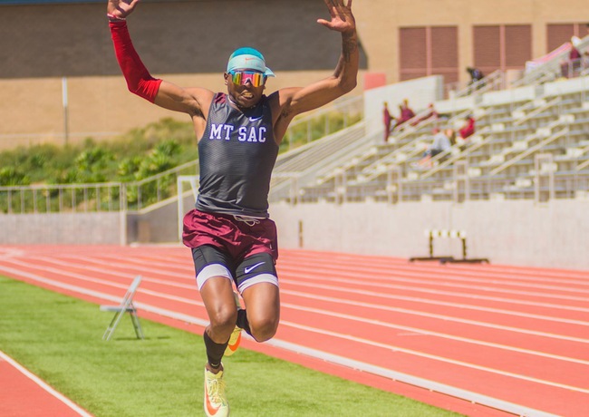 Mt. SAC's Myles Massie with one of his jumps at the SCC Championships (Photo Courtesy of Christian Gutierrez)