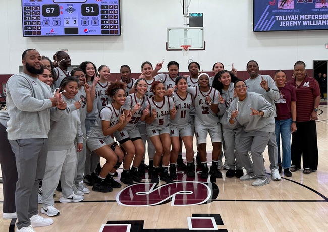 The Mt. SAC women&rsquo;s basketball team celebrates during its 67&ndash;51 regional final victory over Saddleback that sent the Mounties to the 3C2A State Championships.