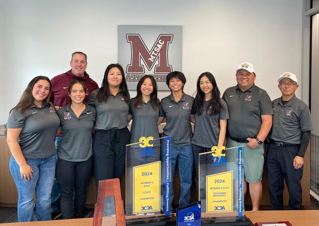 The 2024 Mt. SAC Women's Golf Team proudly displays their trophies after a remarkable season, capped by winning the 3C2A State Championship for the first time in 19 years.