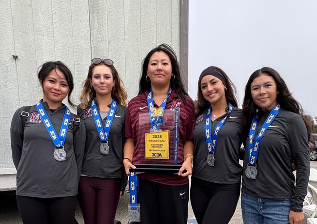 The Mt. SAC Women's Golf Team celebrating their second-place finish at the 3C2A Southern California Regionals.