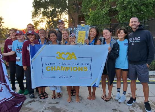 Mt. SAC women's Swim Team celebrates a historic first-ever 3C2A State Championship title at Santa Rosa Junior College, edging out defending champ Santa Barbara City by 16 points.