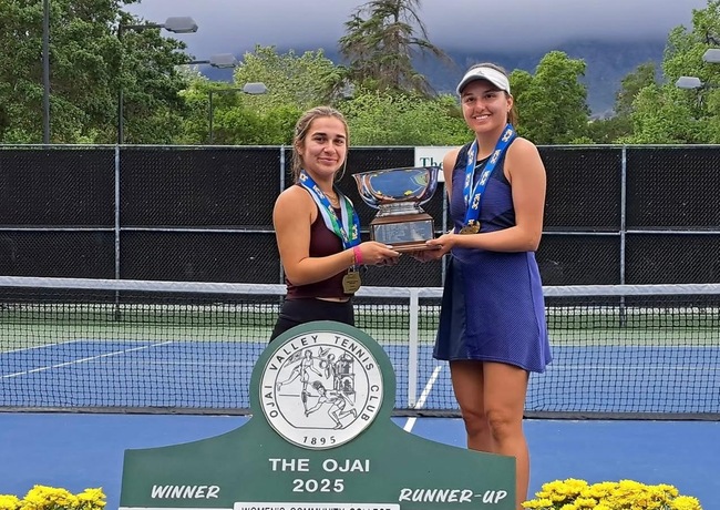 Mt. SAC&rsquo;s Julianna Vich and Paige Valenzuela celebrate after winning the 2025 3C2A Women&rsquo;s Tennis Doubles State Championship.