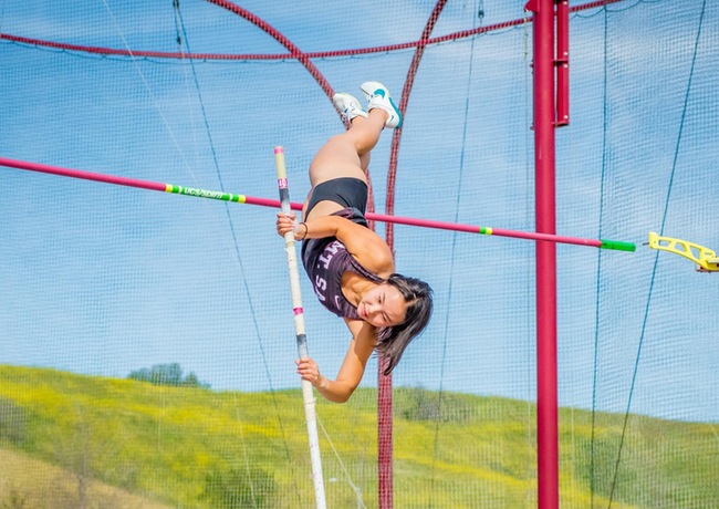 Miku Yanagawa clears 12&rsquo; 5.5&rdquo; to take first place in the pole vault at the Kamaka Open.
