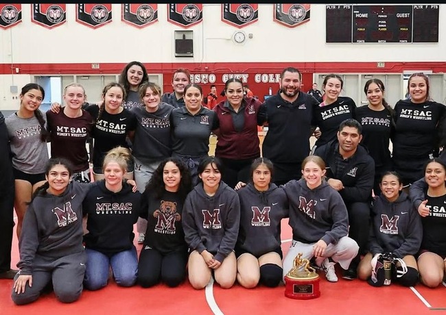 The Mt. SAC Women&rsquo;s Wrestling Team celebrates their victory at the 3C2A Dual State Meet, dominating the competition to claim the championship title.